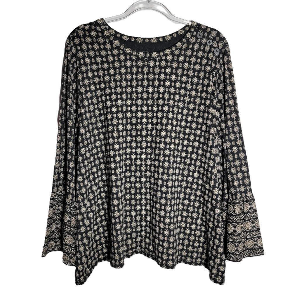 J Jill Luxe Supima Ruffled‎ Sleeve Top Women's 3X Black Print Bell Sleeve